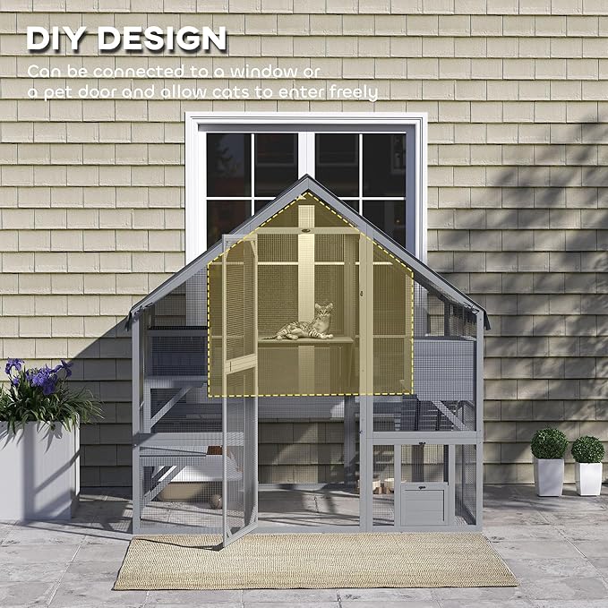 PawHut Large Catio Outdoor Cat Enclosure for Multiple Kittens, Wooden Cat House with Waterproof Cover, Walk in Kitty Cage Kennel with 2 Condos, 4 Platforms, Bridge, Doors, 73" x 55" x 74", Gray
