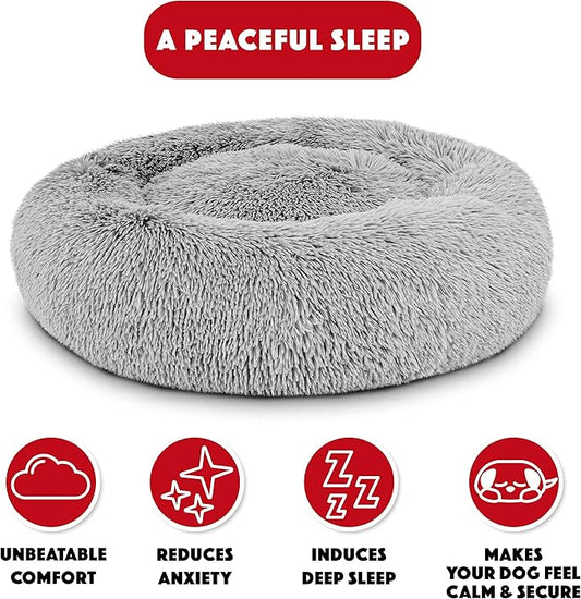 The Dog’s Bed Sound Sleep Donut Dog Bed, Med Silver Grey Fur Calming Nest Bed, Veterinary Approved