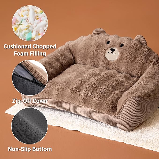 LE SURE Cute Cat Couch for Pets - Fluffy Original Bear Design for Small Dog Bed, Supportive Dog Couch with Removable Washable Cover, Puppy Bed for Small and Medium Dogs, 28inch, Brown
