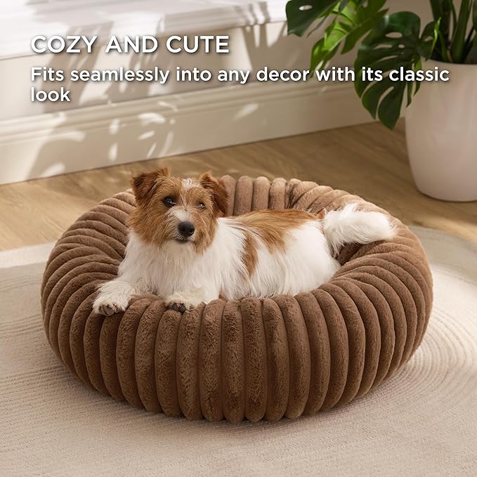 Bedsure Donut Small Dog Bed - Dog Beds for Small Dogs with Corduroy Fleece & Anti Slip Bottom, Round Faux Fur Pet Beds with Washable Removable Cover, Copper Brown, 27x27x8 inches