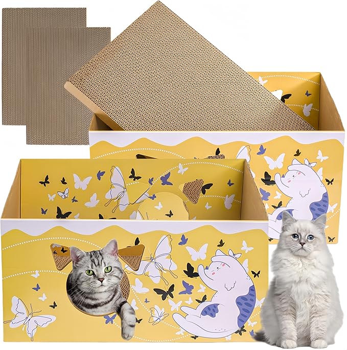 2 Pack Cardboard Cat Scratcher Boxes, 16.5 Inch Heavy Duty Cat Scratching Bed, Large Kitten Lounger with Double-Sided Scratch Pad, Hideaway House with Interactive Hole for Indoor Cats