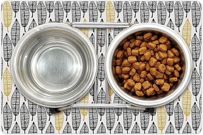 Lunarable Aztec Pet Mat for Food and Water, Modern Graphic of Ornate Hand Drawn Style Old Feather Form with Aztec Lines Print, Non-Slip Rubber Mat for Dogs and Cats, 18" X 12", Charcoal Yellow