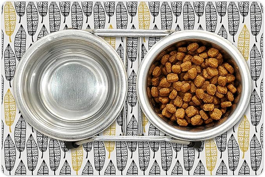 Lunarable Aztec Pet Mat for Food and Water, Modern Graphic of Ornate Hand Drawn Style Old Feather Form with Aztec Lines Print, Non-Slip Rubber Mat for Dogs and Cats, 18" X 12", Charcoal Yellow