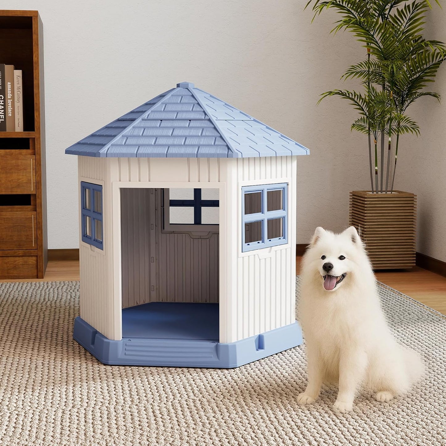 DRATO Dog House Indoor Outdoor Durable Large Dog Shelter with Outside Dog Kennel with Window and Elevated Floor for Small Medium Dogs (Blue, 34.8 * 30.51 * 36.89)