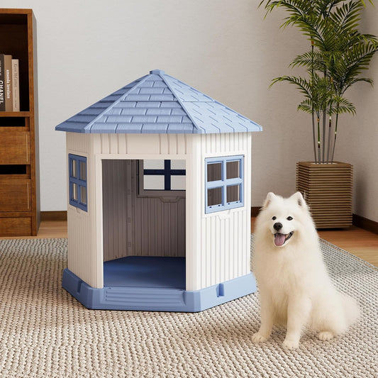 DRATO Dog House Indoor Outdoor Durable Large Dog Shelter with Outside Dog Kennel with Window and Elevated Floor for Small Medium Dogs (Blue, 34.8 * 30.51 * 36.89)