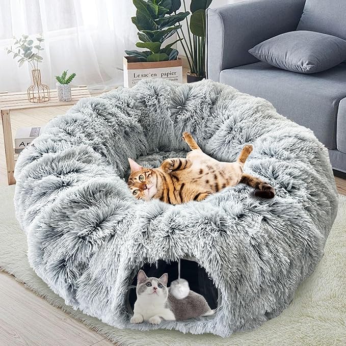 Cat Tunnel Bed with Central Mat - Soft Plush Cat Donut Tunnel, Big Tube Playground Toys, Removable and Washable Peekaboo Cat Cave, Circular Cat Tunnel for Kitten/Puppy/Rabbit, Gray