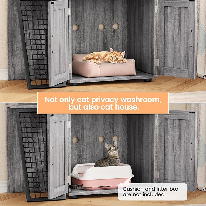 Cat Litter Box Furniture, Modern Cat Cabinet with Side Door, Double Layer Hidden Litter Box Enclosure & Pet House, Villa Style Cabinet with Side Door and Ladder for Indoor Cats