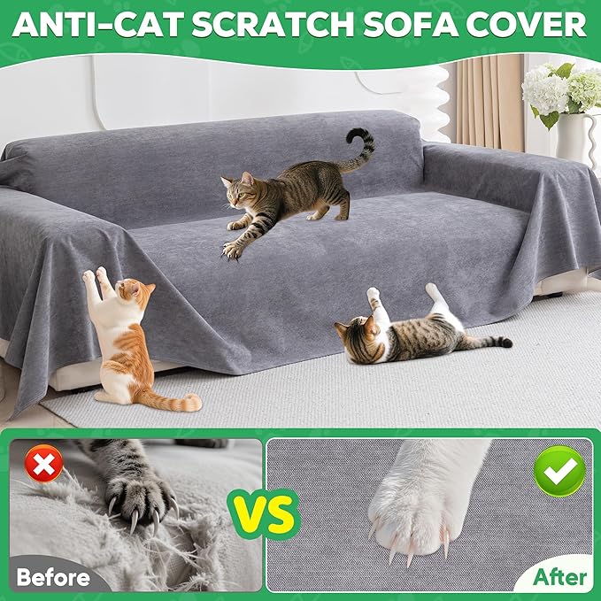 Loiion Cat Scratch Furniture Protector - Anti-Slip, Waterproof Sofa Cover to Keep Cats Off, Pet-Friendly Couch Protectors for 3 Cushion Couch, Gray Anti-Scratch Couch Cover for Pets and Kids 118"X71"