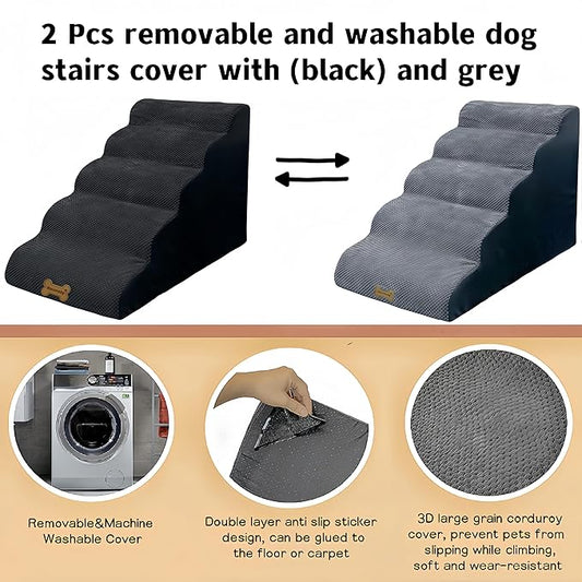 Dog Stairs & Pet Ramp for Small/Large Dogs to High Beds/Couches - 5 Steps 24-inch Height for 18-30 inch Furniture, 2 Washable Covers (Black, Grey), Non-Slip Balanced 33D Design for Old Dogs & Cats