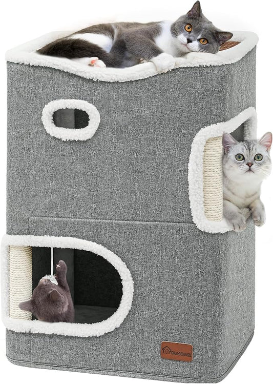 YITAHOME 2-Tier Cat House, Indoor Cat Cave Bed Playhouse, Flannel & Cool Mat, Covered Cat Beds with Scratch Pad and Hideaway Cave, Cute Modern Cat Condo Furniture for Multi Small Cats, Grey