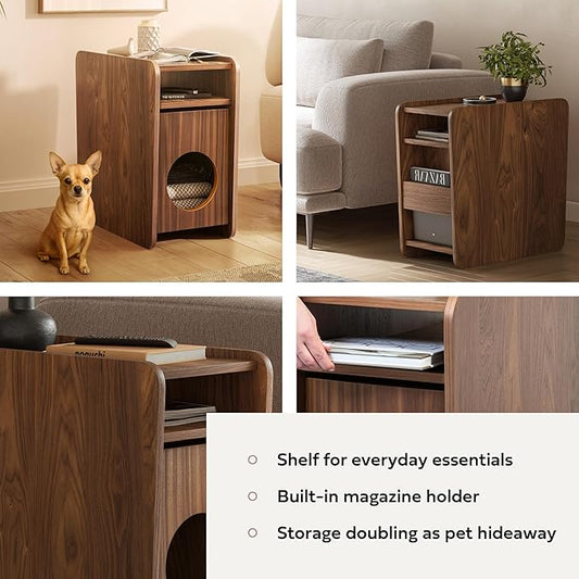 WERMO 12'' Cat Hideaway Side Table - Cat House for Indoor Cats and Enclosed Bed Cave and Hideout for Small Pets with Magazine Holder & Storage Doubling as Narrow End Table, Wood Night Stand (Walnut)