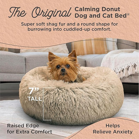 Best Friends by Sheri Original Calming Donut Dog and Cat Bed, Shag Faux Fur, Taupe, XS (18in x 18in) - Anxiety Relief for Pets Up to 10 lbs
