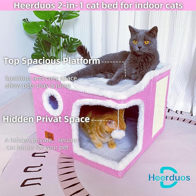 Cat Bed for Indoor Cats,Covered Cat Cave House & Furniture with Scratch Pad,Foldable Cat Hideaway Hut Cute Cat Condo with Soft Washable Mat for Multi Small Pet Under 30 lbs, Pink