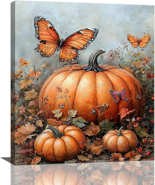 Fall Pumpkin Pictures Wall Art, Rustic Thanksgiving Bathroom Wall Decor, Farmhouse Autumn Butterfly Framed Painting Canvas Artwork for Harvest Gift Bedroom Living Room Decorations 24"L x 20"W