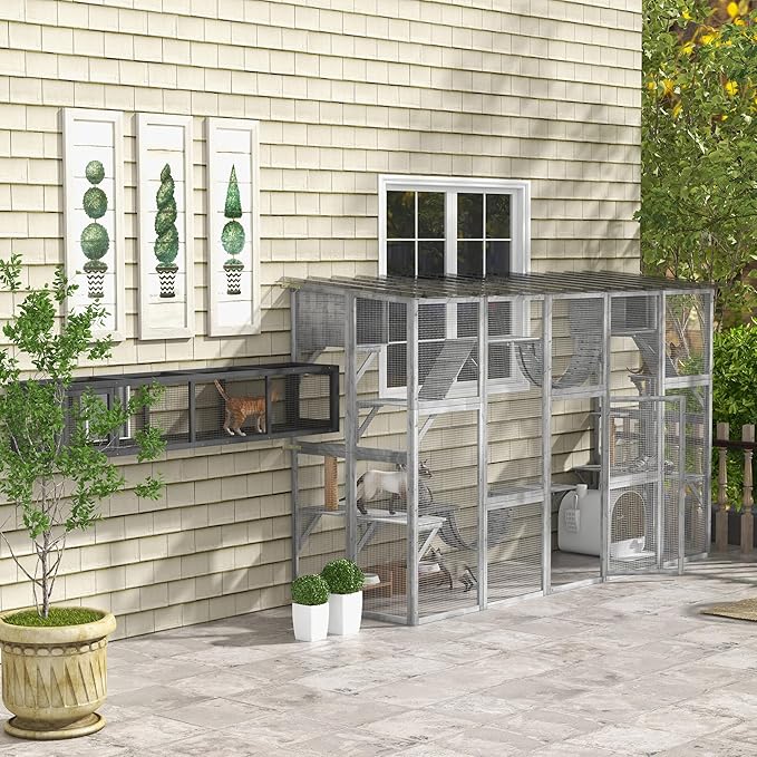 PawHut Catio Outdoor Cat Enclosure Window, Outdoor Cat House with Weather Protection Roof for Multiple Kitties, Wooden Frame, Shelves & Bridges, 118" x 37.5" x 74", Gray