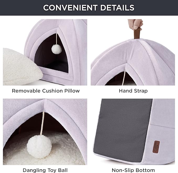 Bedsure Cat Beds for Indoor - 2 in 1 Cat Cave House Tent for Kittens and Small Pets with Removable Washable Cushioned Pillow, Foldable Kitten Hideaway with Non-Slip Bottom, Purple, 16 inches