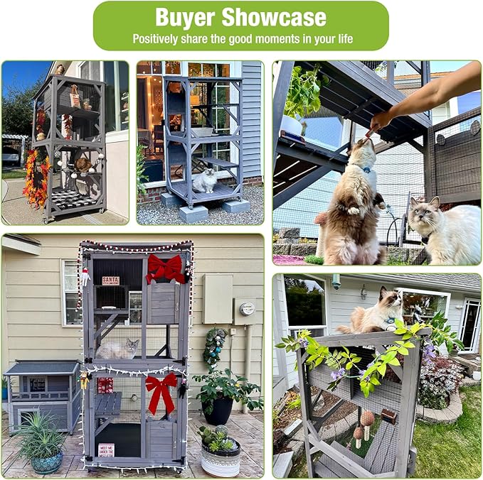 GUTINNEEN Cat House Outdoor Cage Cat Enclosure on Wheels,Large Wooden Kitty Catio with Resting Box,PVC Layer