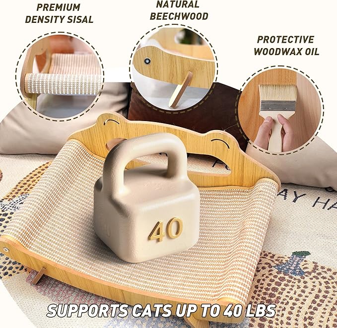 Cat Scratcher Bed for Large Indoor Cats – Natural Sisal Rope & Wooden Frame Scratch Pad, Durable Recliner Chair, Stylish Fluffy Cat Couch & 2-in-1 Play Lounger Furniture Featuring a Hammock (Large)