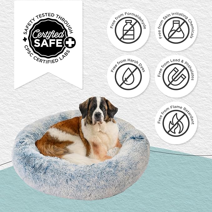 Best Friends by Sheri Original Calming Donut Dog and Cat Bed, Shag Faux Fur, Denim Blue, XL (45in x 45in) - Anxiety Relief for Pets Up to 150 lbs