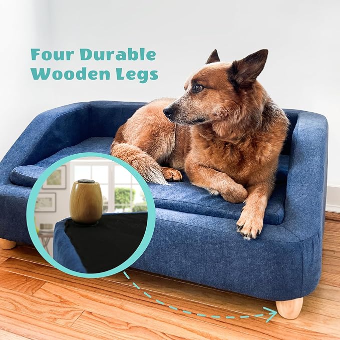 CRITTER SITTERS 36-in. Microfiber Blue Rectangular Dog Couch for Medium-Sized Dogs, Modern and Stylish Elevated Dog Bed for Home or Apartment, Blue