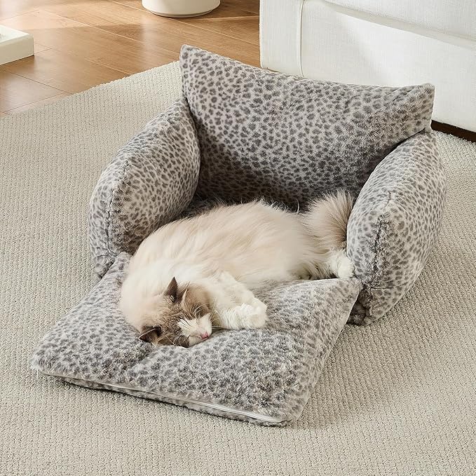 Hollypet Cat Bed Fluffy Plush Mutifuctional Double-Layer Soft Pet Couch Orthopedic Sofa Nest Beds for Small Cats and Dogs, Snow Leopard (25x20x13 inch)