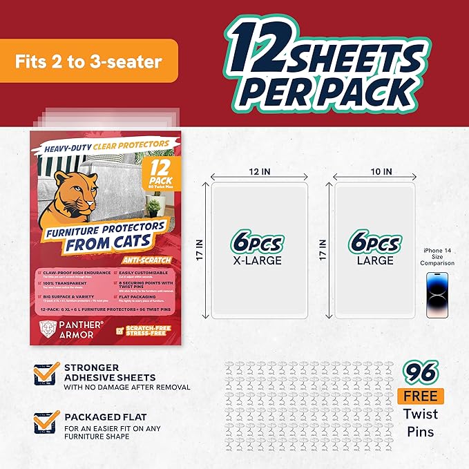 Panther Armor 12-Pack Furniture Protectors from Cats Scratch with 72 Twist Pins, Anti Scratch Couch Guards - Sofa Corner Cats & Dogs Scratching Training Tape Deterrent