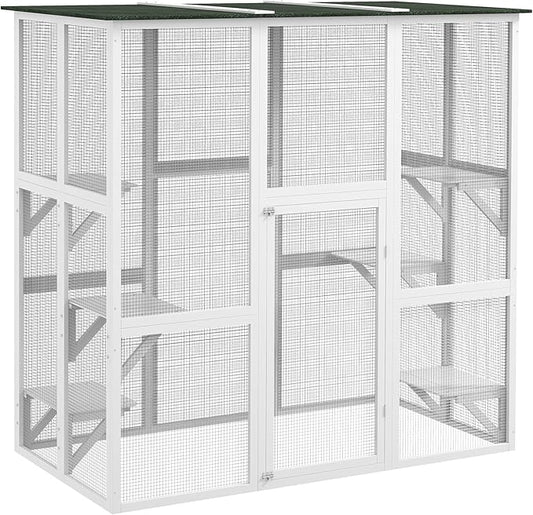 PawHut Outdoor Cat House Big Catio Wooden Feral Cat Shelter Enclosure with Large Spacious Interior, 6 High Ledges, Weather Protection Asphalt Roof, 71" L, White