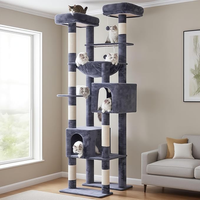 Hey-brother Tall Cat Tree Tower, Heavy Duty Scratching Posts with Large Platforms, Cozy Condos, Big Hammock, Toy Balls, Multi-Level Furniture for Indoor Adult Cats, 80.7 Inches, Smoky Gray MPJ039G