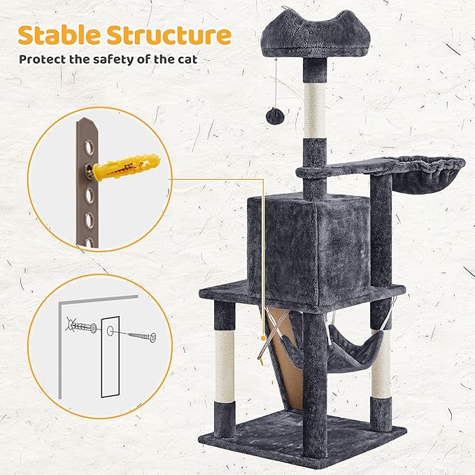 Yaheetech 54in Cat Tree, Multi-Level Cat Tower with Scratching Posts, Spacious Condo and Hammock, Ideal Activity Center for Indoor Kittens, Dark Gray