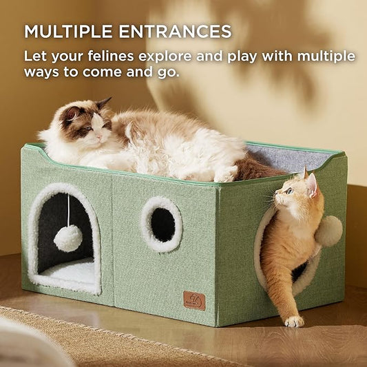 Bedsure Large Cat Beds for Indoor Cats - Extra Wide Cat Cube House for Small Pet with Fluffy Ball Hanging and Scratch Pad, Foldable Pet Cave Hideaway for Multiple Cats, 23.6x16.9x13 inches, Green