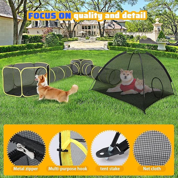 wilwolfer Outdoor Cat Enclosures for Indoor Cats- 5 in 1 Outdoor Cat Tent with Tunnel- Cat Houses for Outdoor Cats- Outdoor Cat Enclosures- Portable Pet Playpen for Cats Puppy and Small Animals black