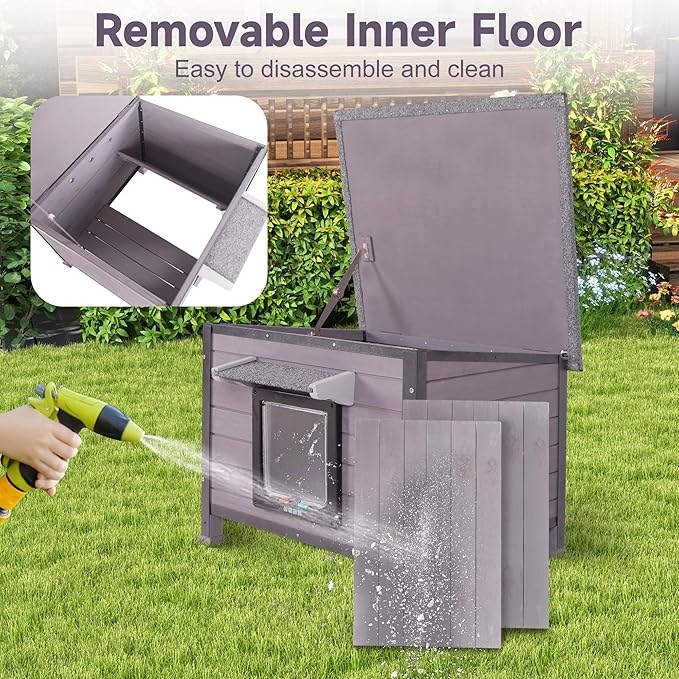 Outdoor Cat House, Feral Cat Houses Waterproof of All-Around Iron Frame, Solid Wooden Cat Shelter with Adjustable Door for Cats, Dogs and Other Small Animals