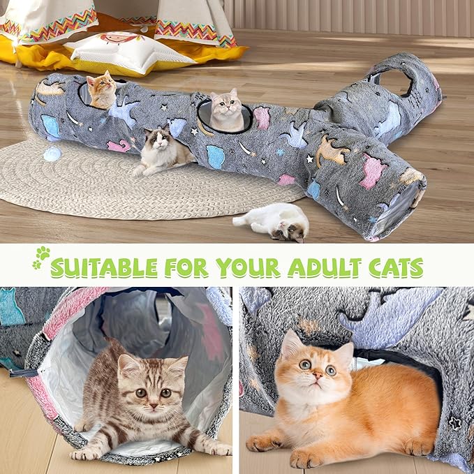 Cat Tunnels for Indoor Cats, Self-Luminous Cat Tunnel with Plush Ball, 3 Way Kitten Tunnel Collapsible, Cat Play Tunnel with Interactive Peephole for Large Cat, Puppy, Kitten