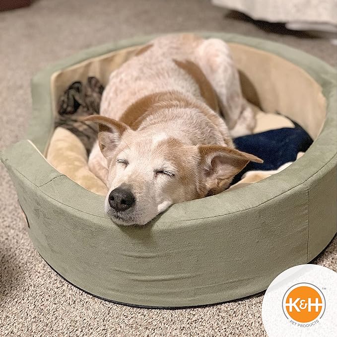 K&H Pet Products Heated Dog Bed Indoor, Thermo-Snuggly Sleeper with Removable Waterproof Heated Pad, Calming Pillow Pet Bed, Machine Washable, Safety Listed - Medium 26 X 20in Sage/Tan