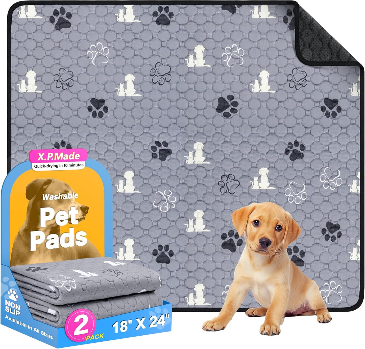 Washable Pee Pads for Dogs, 2 Pack Reusable Puppy Pads, Waterproof Pet Pee Pads for Dog Potty Training, Dog Pee Pads for Crate, Playpen, and Whelping, Durable and Absorbent, Grey 18"x24"
