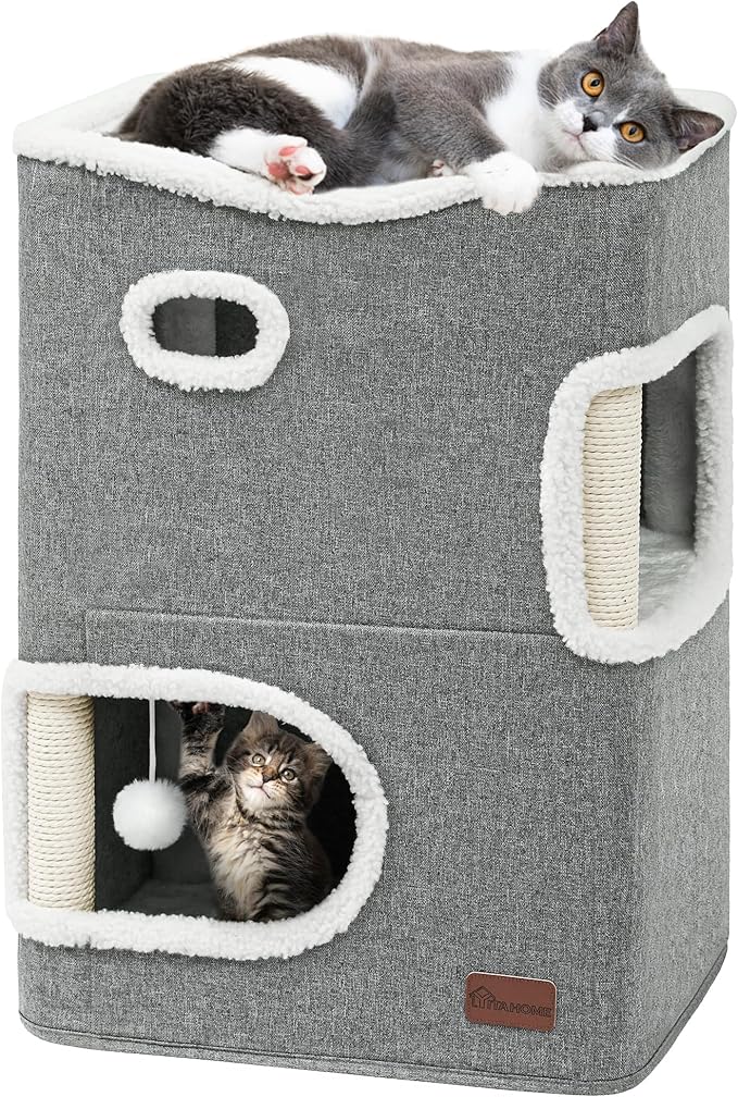 YITAHOME 2 Storey Cat House, Cat Beds for Indoor Cats, Small Cat Condo with Scratch Post and Hideaway Cave, Modern Cat Cube Playhouse for Multi Kittens, Classic Style, Grey