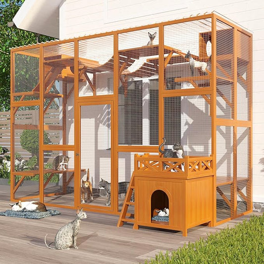 Merax 118 Inch Wooden Catio Outdoor Cat Enclosure,Large Luxury Kitty-House with 6 Jumping Platforms, 2 Bridges & Transparent PVC Roof, Kitty Kennel Condo Shelters and a Napping House, Natural