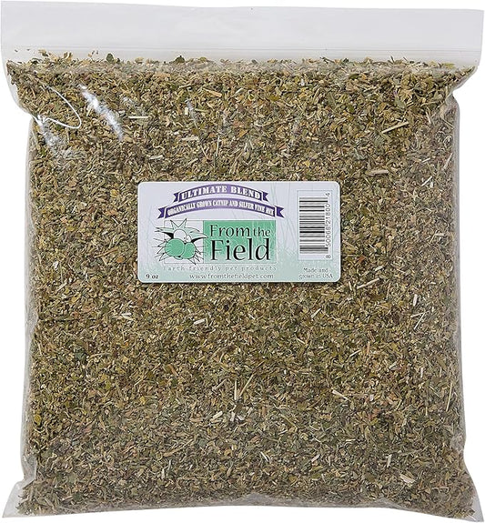 from The Field | Ultimate Blend Catnip & Silver Vine | Premium USA-Grown Catnip for Toys & Playtime | Fresh, Potent, Non-Toxic, Eco-Friendly | Safe for Kittens & Cats | Resealable 9 Oz Bag