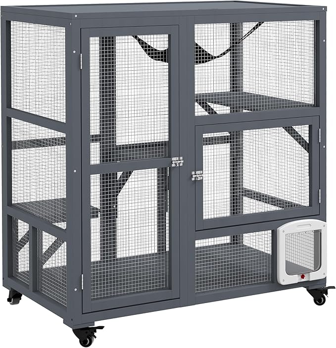PawHut Indoor Wooden Catio, Cat House Cat Enclosure on Wheels with 3 Platforms, Hammock, Cat Flap Door & Openable Top, Luxury Kitty House for 2 Cats, 39", Light Gray