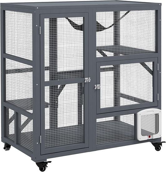 PawHut Indoor Wooden Catio, Cat House Cat Enclosure on Wheels with 3 Platforms, Hammock, Cat Flap Door & Openable Top, Luxury Kitty House for 2 Cats, 39", Light Gray