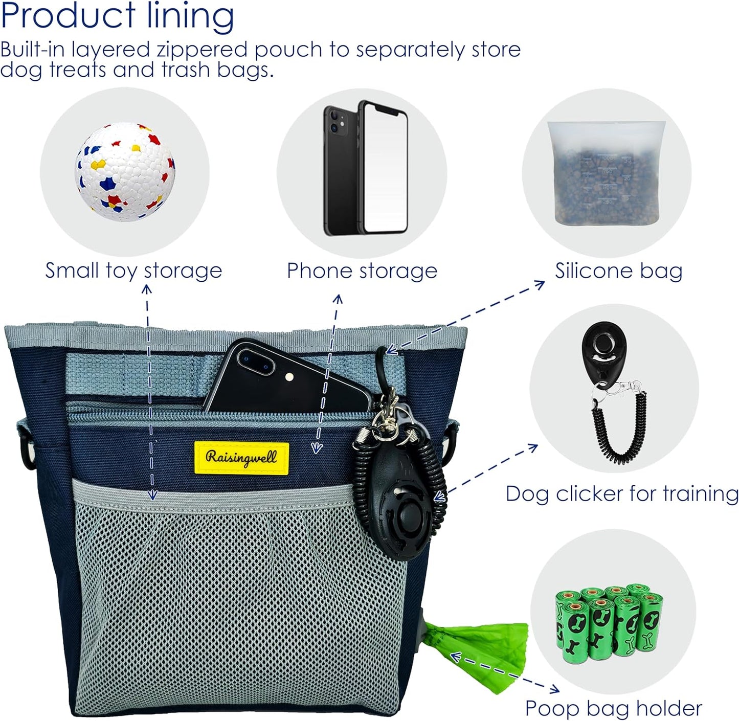 Dog Treat Pouch with Magnetic Closure 4-Cup Silicone Bag Fanny Pack Holder with Clicker 4 Ways to Wear Front Pocket Fits All Phones Ideal for Leash, Pet Walking and Training（Blue）