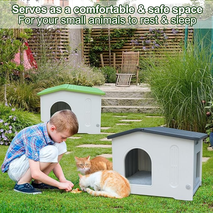 Plastic Cat House for Outdoor Use, Stackable Feral Cat Shelter Indoor Outside Cat House Insulated Weatherproof Waterproof with Cat Mat - Green