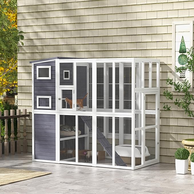 PawHut Catio Outdoor Cat Enclosure, Wooden Cat Patio with Platforms, Waterproof Asphalt Roof, Ramps, 77" L, Light Gray