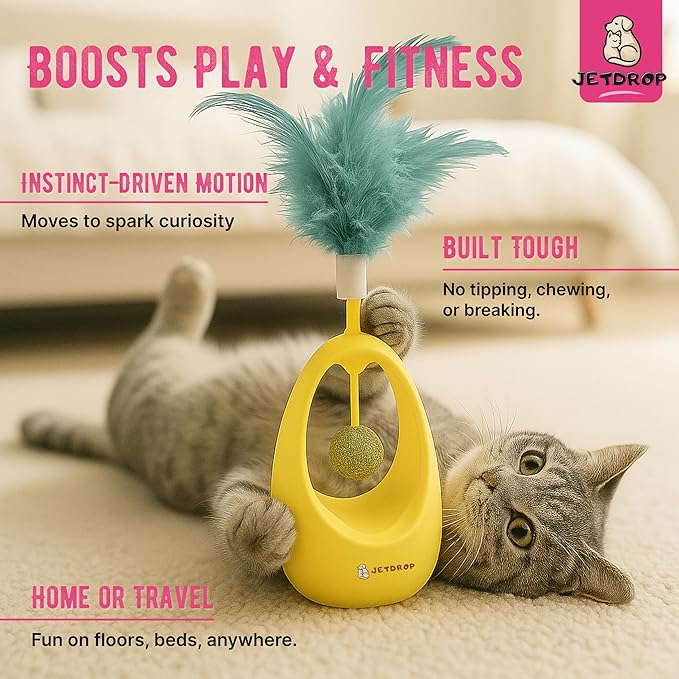 Cat Feather Toy - Interactive Self-Righting Wobble Tumbler with Catnip Ball for Indoor Cat Exercise and Entertainment - Silent Battery-Free - Perfect for Busy Owners (Pink)