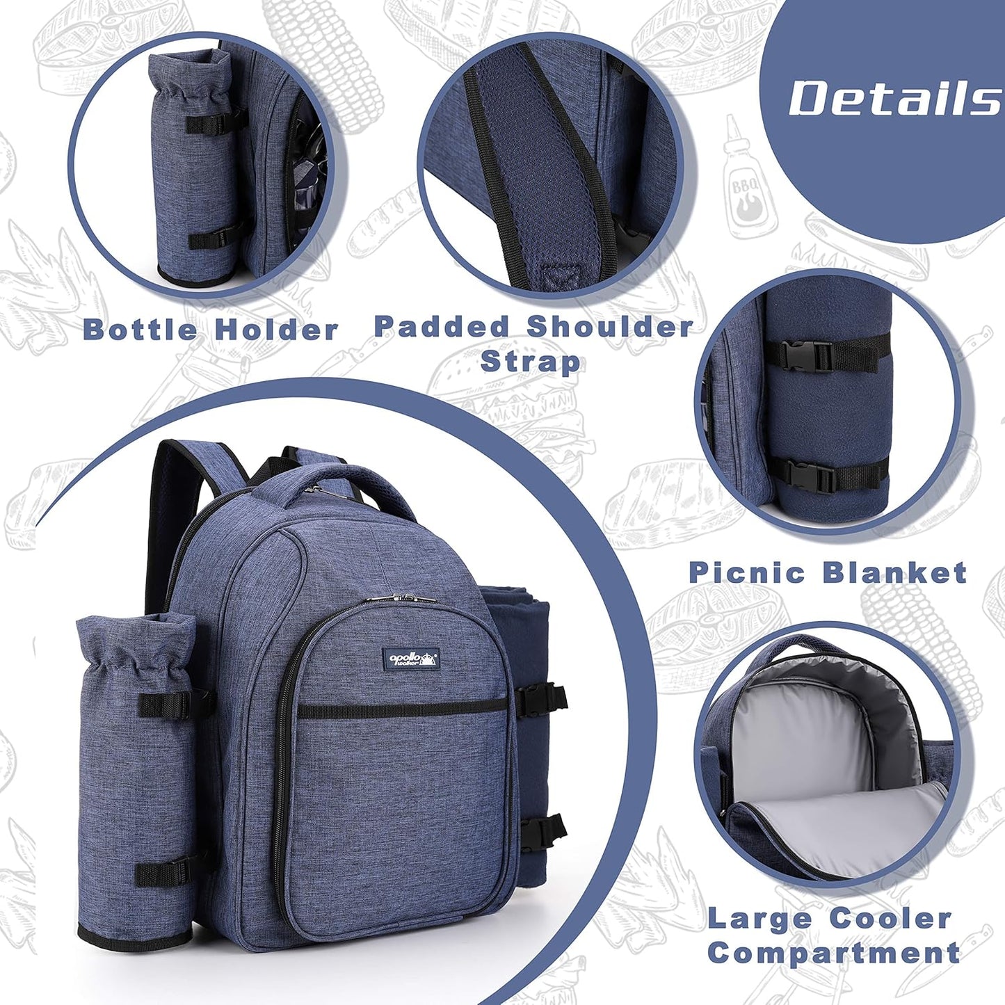 Apollo Walker Picnic Backpack Bag for 2 Person with Cooler Compartment, Detachable Bottle/Wine Holder, Fleece Blanket, Plates and Cutlery Set (2 Person, Navy)