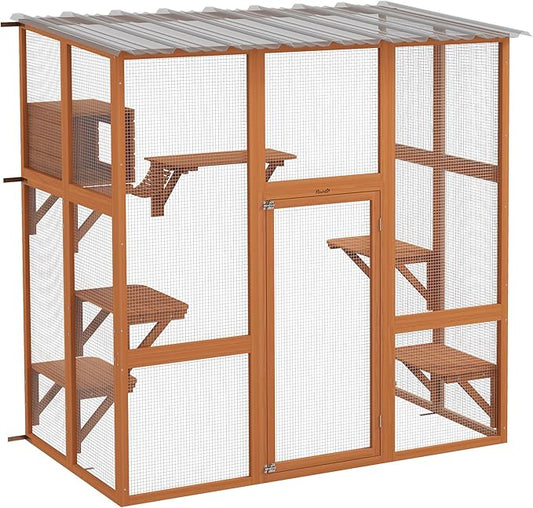 PawHut Catio Outdoor Cat Enclosure Window Box, Wooden Cat House Playground with Scratching Posts, Weather Protection Roof for 1-2 Kitties, Resting Boxes, 68" x 35.5" x 70.5", Orange
