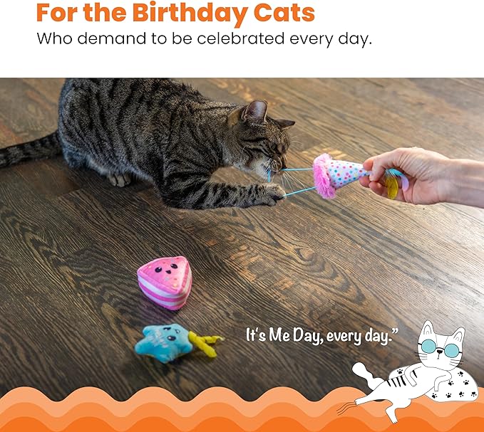 Catstages Happy Purrthday Cat Toys, 3-Pack Catnip Plush Toys with Crinkle, Feathers & Dental Mesh, Multicolored