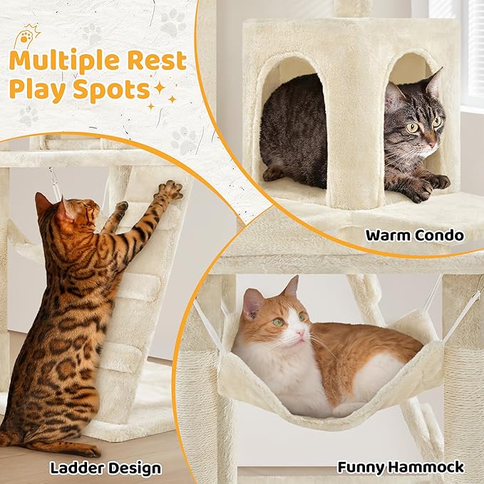 Yaheetech Cat Tree, 54in Tall Cat Tower for Indoor Cats with Extended Platform & Basket, Spacious Cat Condo, Funny Hammock, Scratching Posts and Ladder, Beige