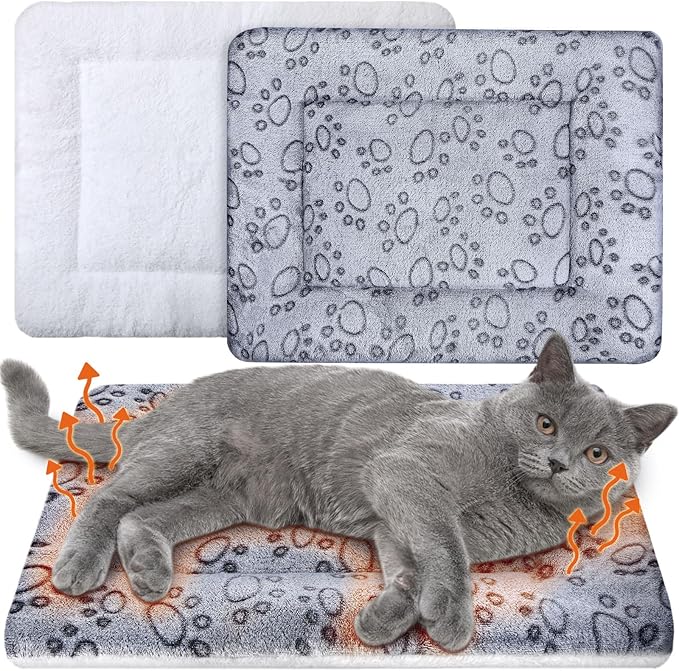 2 Pack Self Warming Cat Mat Self Heating Pad Bed Reversible Machine Washable Reflects Body Heat Warm Thermal Pet Pad Crate Blanket for Feral and Indoor Cat (Dog Paw,21" X 14")