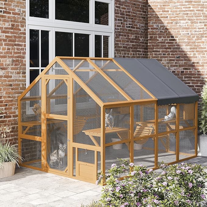 PawHut Large Catio Outdoor Cat Enclosure for Multiple Kittens, Wooden Cat House with Waterproof Cover, Walk in Kitty Cage Kennel with 2 Condos, 6 Platforms, Bridge, Doors, 110" x 73" x 74", Yellow